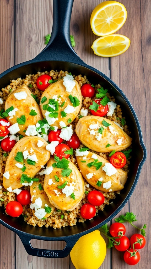 A colorful lemon feta chicken quinoa skillet with chicken, quinoa, cherry tomatoes, and feta cheese, garnished with parsley.